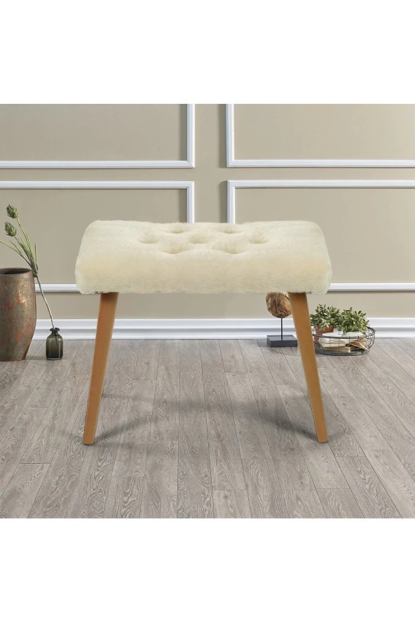 messline - Ahşap Ayaklı Dekoratif Kısa Peluş Puf Bench Makyaj Sandalyesi