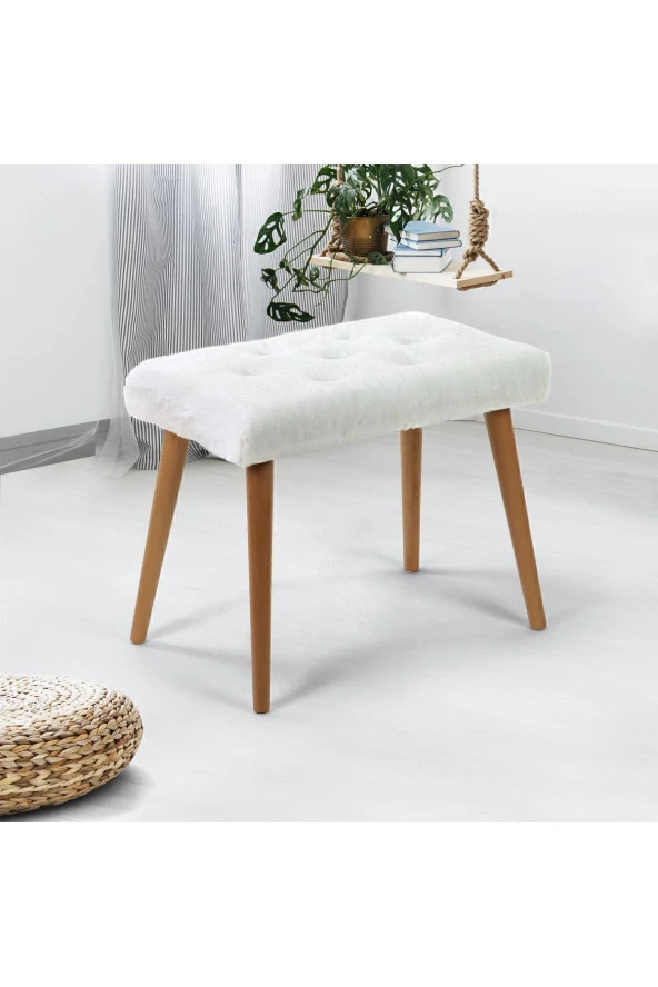 messline - Ahşap Ayaklı Dekoratif Kısa Peluş Puf Bench Makyaj Sandalyesi