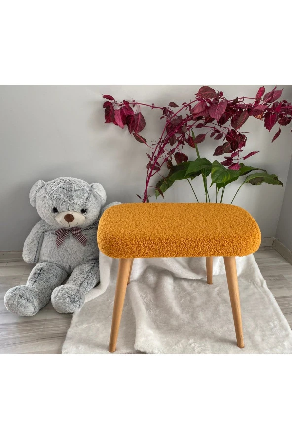 messline -ahşap Ayaklı Teddy Kumaş Dekoratif Puf Bench Makyaj Sandalyesi