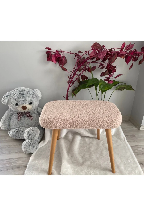 messline -ahşap Ayaklı Teddy Kumaş Dekoratif Puf Bench Makyaj Sandalyesi