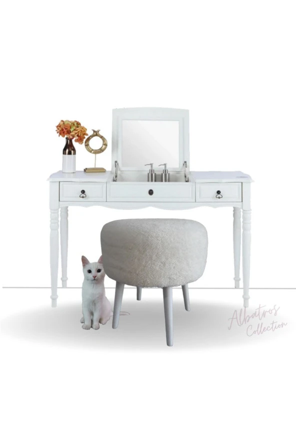 ALBATROS Ahşap Gürgen Ayaklı Dekoratif Beyaz Yuvarlak Pelüş Puf Bench Koltuk Sandalye ürün görseli 1