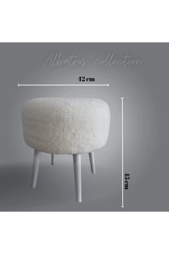 ALBATROS Ahşap Gürgen Ayaklı Dekoratif Beyaz Yuvarlak Pelüş Puf Bench Koltuk Sandalye - Resim 2