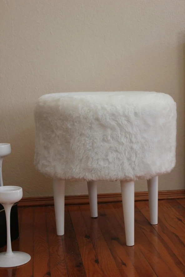 ALBATROS Ahşap Gürgen Ayaklı Dekoratif Beyaz Yuvarlak Pelüş Puf Bench Koltuk Sandalye - Resim 4