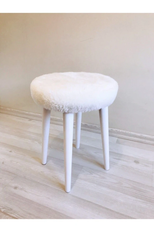 Neta Trade Neta Home Ahşap Ayak Dekoratif Beyaz Peluş Puf Tabure Bench Yuvarlak Koltuk Sandalye 4 Lü Ayak