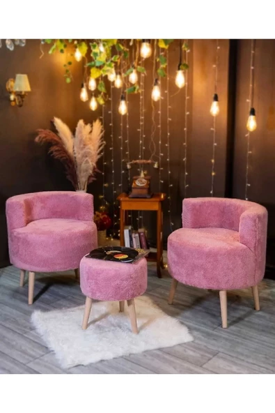 BEYLERBEYİ Çay Seti İkili Koltuk Berjer Ve Puf Takımı (salon, Balkon, Ofis) 3 Lü Takım