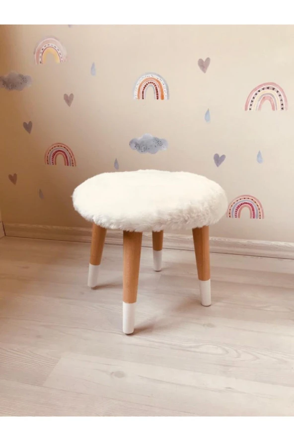 Neta Trade Neta Kıds Çocuk Odası Beyaz Peluş Çocuk Taburesi Çocuk Çalışma Masası Taburesi Sandalyesi - 2