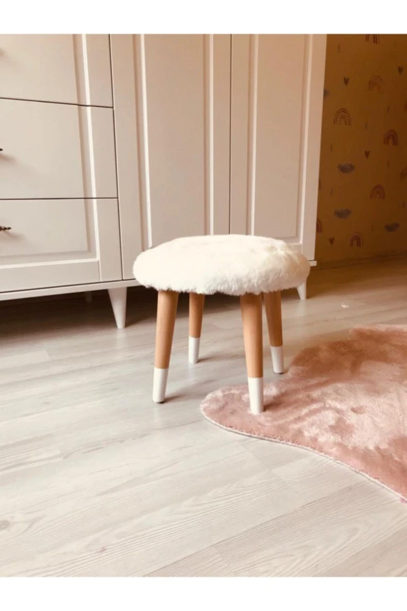 Neta Trade Neta Kıds Çocuk Odası Beyaz Peluş Çocuk Taburesi Çocuk Çalışma Masası Taburesi Sandalyesi - 3