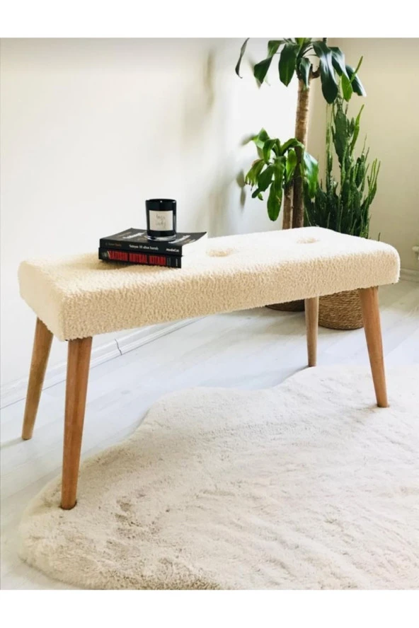 BEYLERBEYİ Ahşap Ayaklı Handmade Geniş Oturum  Krem welsoft Kumaş Pofidik Puf bench ,ayak ucu uzatmalık,berjer