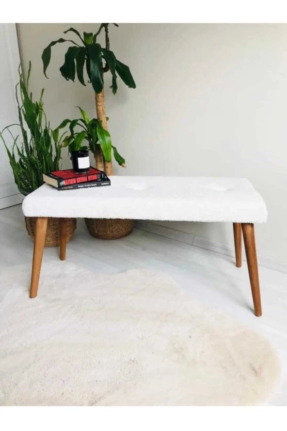 BEYLERBEYİ Ahşap Ayaklı Handmade Geniş Oturum Krem welsoft Kumaş Pofidik Puf bench ,ayak ucu uzatmalık,berjer - 2