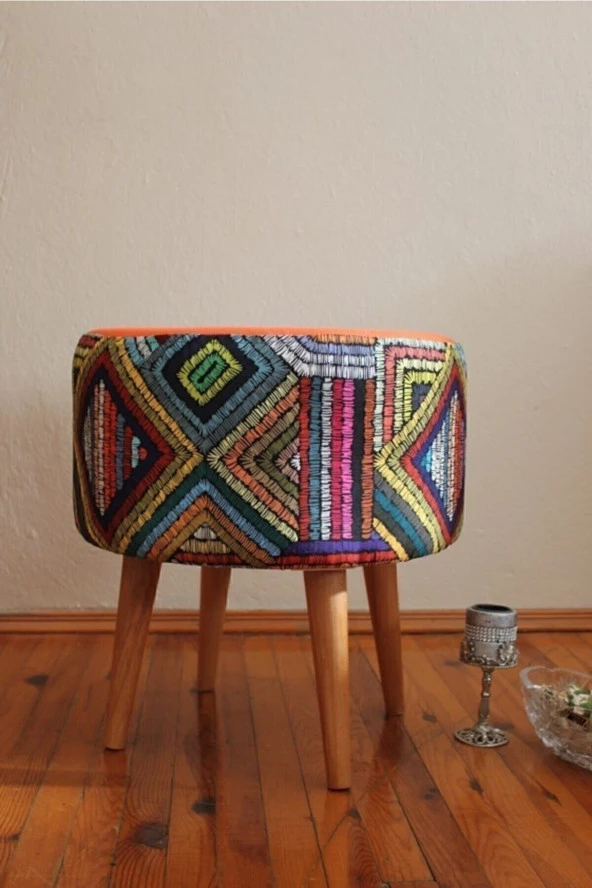 ALBATROS Retro Gürgen Ahşap Ayaklı Dekoratif Etnik Üst Kiremit Desenli Silindir Puf Bench