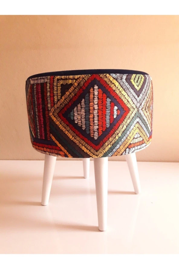 ALBATROS Retro Ahşap Gürgen Ayaklı Dekoratif Etnik Üst Lacivert Desenli Silindir Puf Bench Koltuk Sandalye - 2