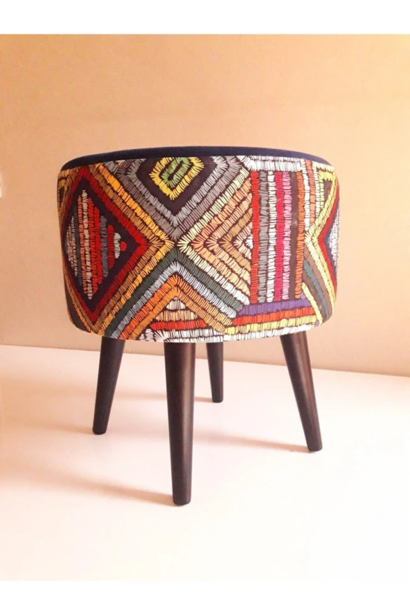 ALBATROS Gürgen Retro Ahşap Ayaklı Dekoratif Etnik Üst Lacivert Desenli Silindir Puf - Resim 2