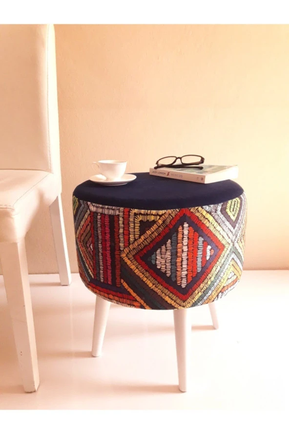 ALBATROS Retro Ahşap Gürgen Ayaklı Dekoratif Etnik Üst Lacivert Desenli Silindir Puf Bench Koltuk Sandalye - 3