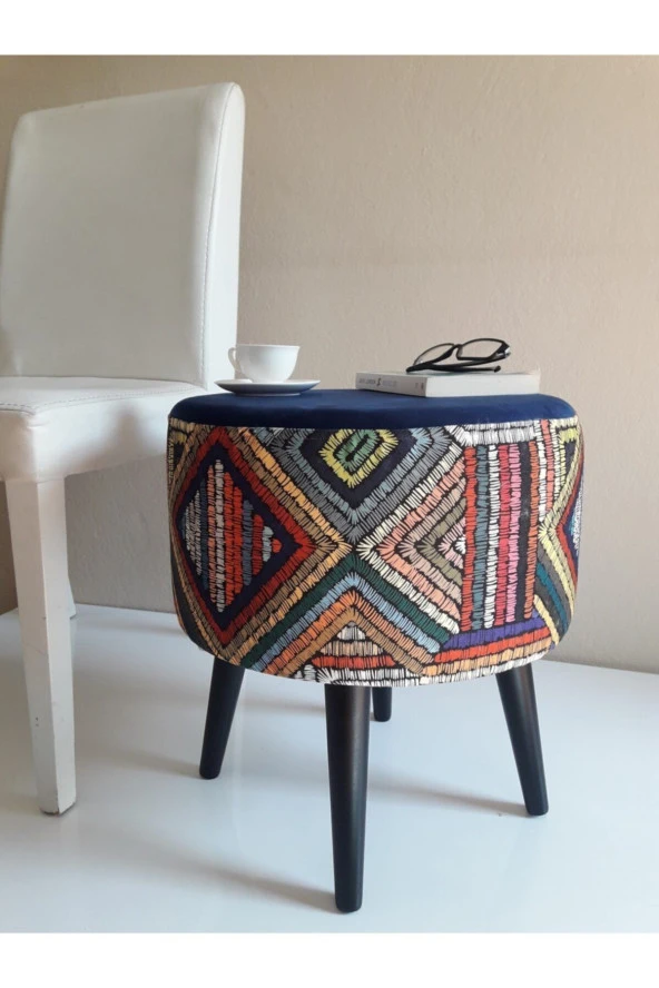 ALBATROS Gürgen Retro Ahşap Ayaklı Dekoratif Etnik Üst Lacivert Desenli Silindir Puf - Resim 3