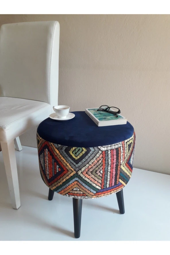 ALBATROS Gürgen Retro Ahşap Ayaklı Dekoratif Etnik Üst Lacivert Desenli Silindir Puf - Resim 4