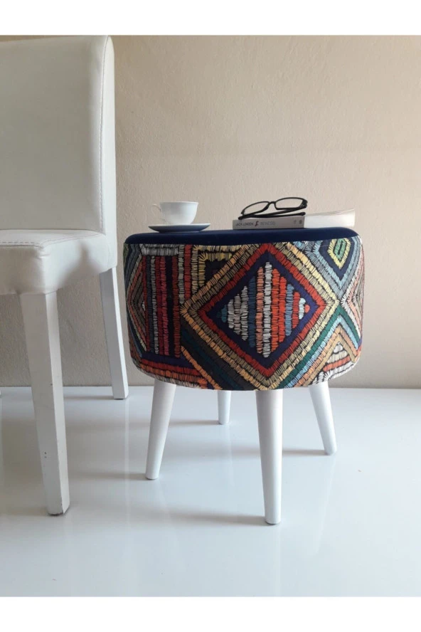 ALBATROS Retro Ahşap Gürgen Ayaklı Dekoratif Etnik Üst Lacivert Desenli Silindir Puf Bench Koltuk Sandalye - 4