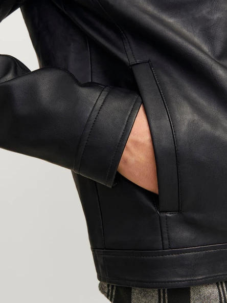 JACK JONES Erkek Siyah Renk Bıker Deri Ceket 12261195 - 6