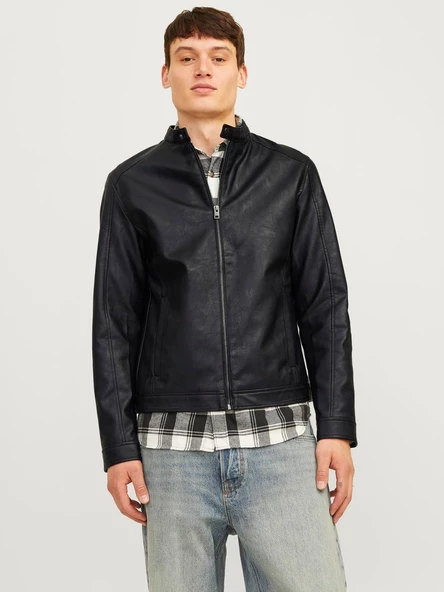 JACK JONES Erkek Siyah Renk Bıker Deri Ceket 12261195 - 2