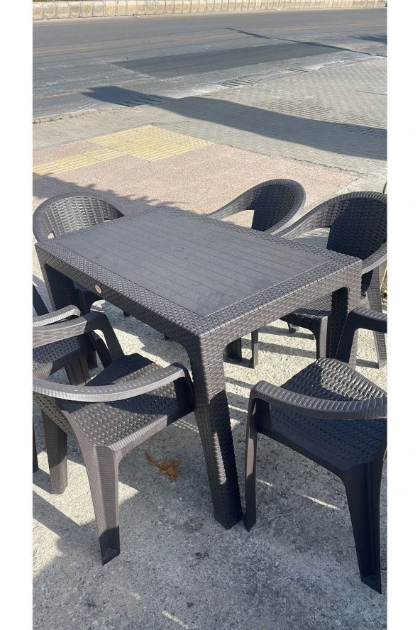 NetBazaars Plastik Sabit Masa 70x120 Rattan Efektli Acı Kahve Plastik Sandalye 6 Adet Xömbx99