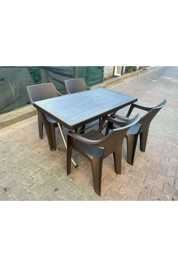 RomanoSet Plastik Romanoset Rattan Efektli 70x120 Cm Katlanır Balkon Ve Bahçe Masa Takımı 4 Sandalyeli