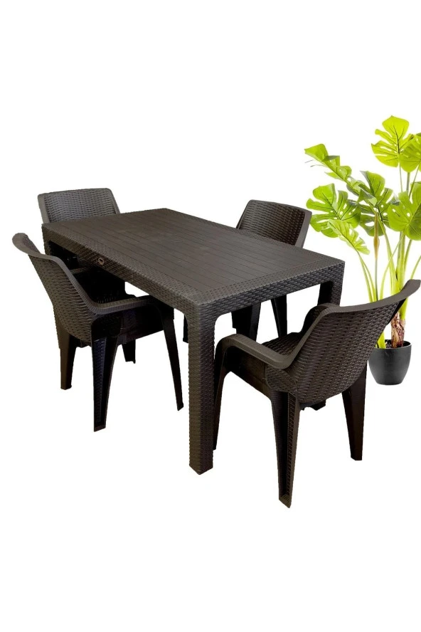 RomanoSet Plastik Romanoset Tiger 70x120 Rattan Plastik Bahçe Ve Balkon Masa Takımı 4 Kişilik