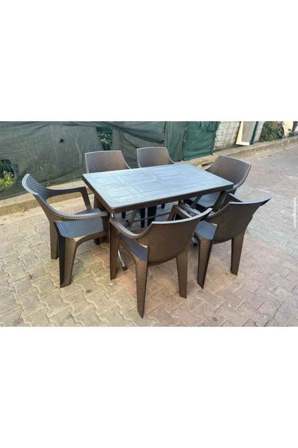 Gardelia 6 Adet Acı Kahve Rattan Efektli Plastik Kollu Sandalye 70x120 Plastik Katlanır Metal Ayak Sandalye