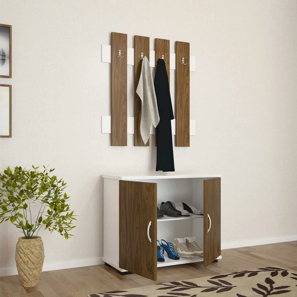 Modilayn FULYA Portmanto Vestiyer Askılık Ayakkabılık Dolabı, Ceviz Beyaz - 2