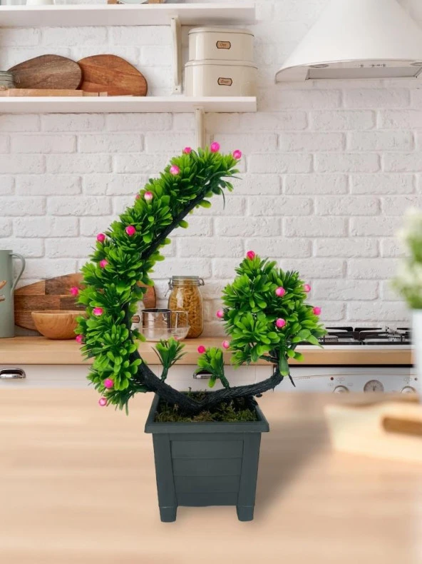 Nettenevime Yapay Çiçek Bonsai Ağacı Pembe Eğik Model Dekoratif Yapay Ağaç Bonzai 30*22 CM Siyah Kare Saksıda - Resim 4