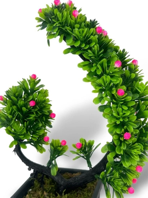 Nettenevime Yapay Çiçek Bonsai Ağacı Pembe Eğik Model Dekoratif Yapay Ağaç Bonzai 30*22 CM Siyah Kare Saksıda - Resim 7