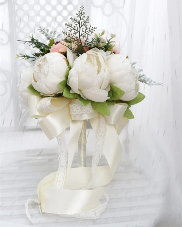 Nettenevime Gelin Çiçeği Yapay Çiçek Beyaz Şakayık Marsilya Gülü Gelin Buketi - 3