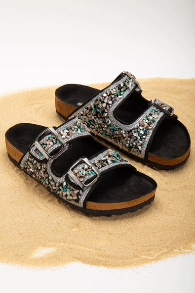 Beti Siyah Süet Çift Bantlı Terlik - 2