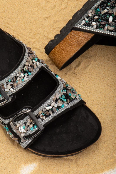 Beti Siyah Süet Çift Bantlı Terlik - 3