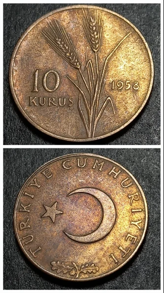 Escoines Koleksiyon 1958 Bakır 10 Kuruş Nadir az çıkar ÇT/ÇÇT eski madeni para - 39963669b9b164cb50