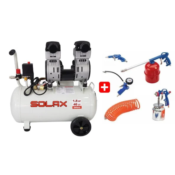Solax EWS40 Süper Sessiz Yağsız Kompresör 40 Lt + 5'li Aksesuar Seti