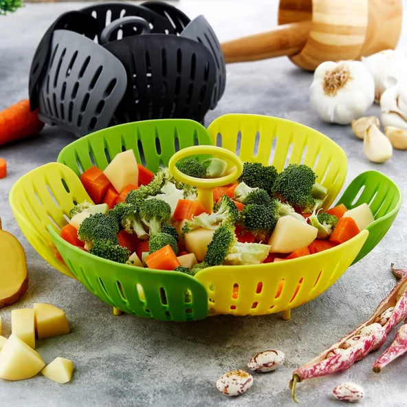 Periboia Plastik Katlanır Buharda Pişirme Aparatı Sağlıklı Haşlama Sepeti - Resim 3