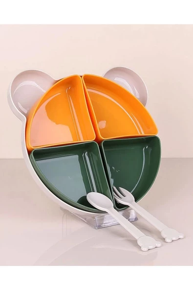 Periboia Tabldot Mama Tabağı Çıkarılabilir Kaseli -Tepsili 4 Bölmeli Çatal Kaşıklı Ayıcık Beslenme Kabı - 3