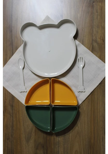 Periboia Tabldot Mama Tabağı Çıkarılabilir Kaseli -Tepsili 4 Bölmeli Çatal Kaşıklı Ayıcık Beslenme Kabı - 4