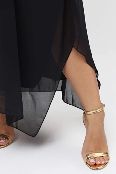 Büyük Beden Kadın Rahat Kesim Şifon Abiye KL7019 Siyah - 9