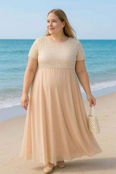 Büyük Beden Üst Simli Kare Detay Uzun Abiye KL831 Ekru