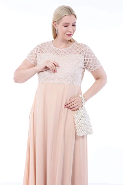 Büyük Beden Üst Simli Kare Detay Uzun Abiye KL831 Ekru - 9