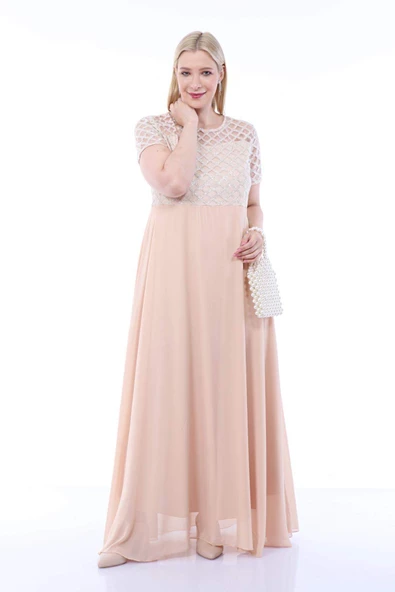 Büyük Beden Üst Simli Kare Detay Uzun Abiye KL831 Ekru - 10