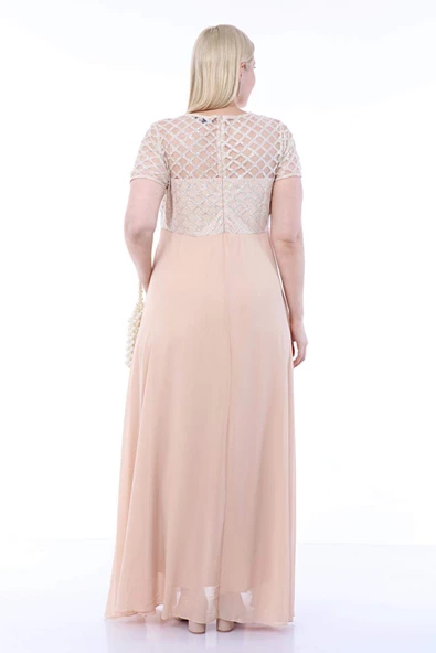 Büyük Beden Üst Simli Kare Detay Uzun Abiye KL831 Ekru - 8