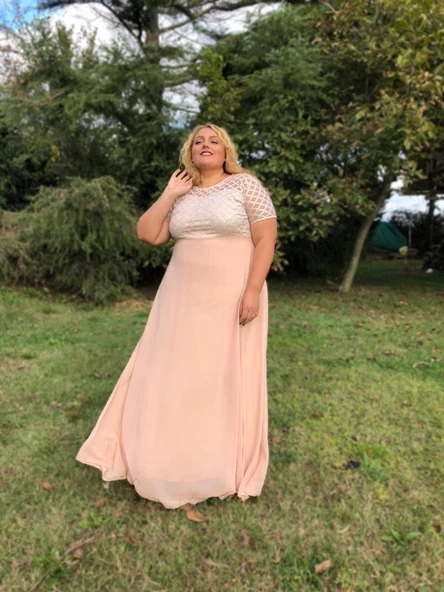 Büyük Beden Üst Simli Kare Detay Uzun Abiye KL831 Ekru - 5