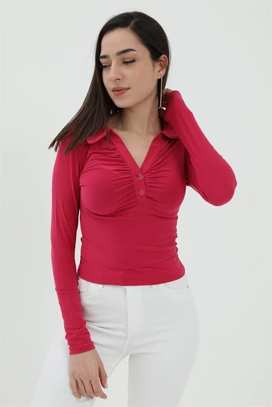 Sandy Yakalı Düğmeli Bluz - Fuşya - 2