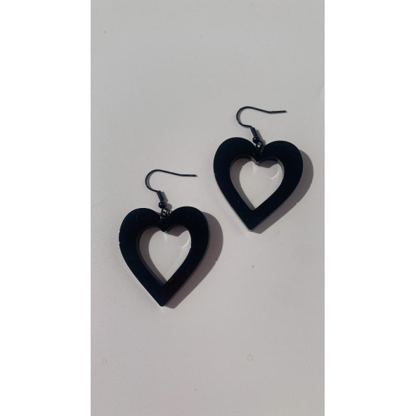 Parlak Siyah Renkli Siyah Aksesuarlı Kalp Kupa İçi Boş Model 4 Cm Epoksi Küpe El Yapımı Hediyelik - Resim 2