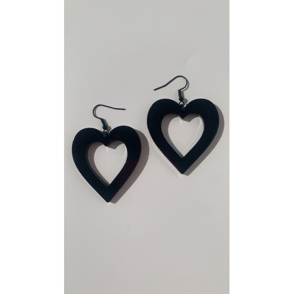 Parlak Siyah Renkli Siyah Aksesuarlı Kalp Kupa İçi Boş Model 4 Cm Epoksi Küpe El Yapımı Hediyelik - Resim 4