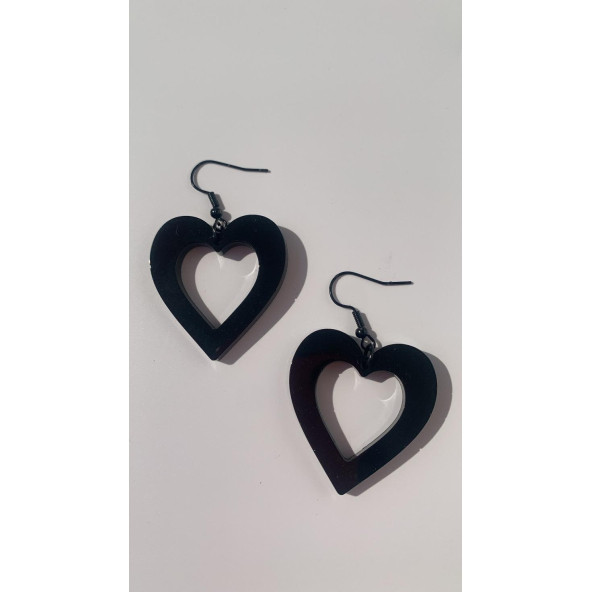 Parlak Siyah Renkli Siyah Aksesuarlı Kalp Kupa İçi Boş Model 4 Cm Epoksi Küpe El Yapımı Hediyelik - Resim 6