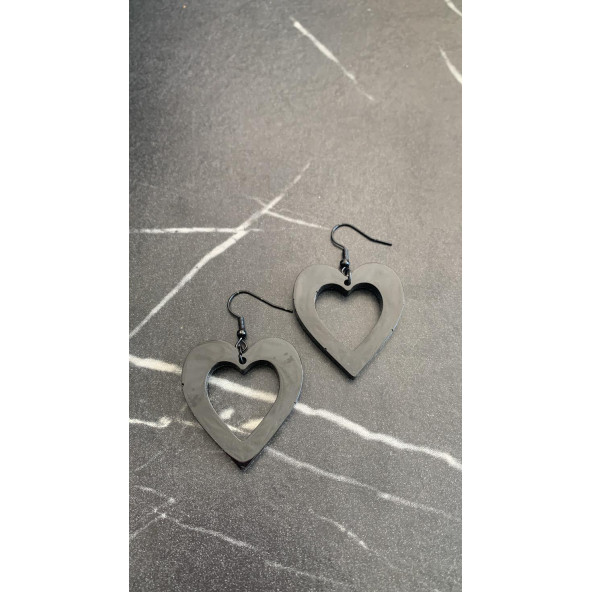 Parlak Siyah Renkli Siyah Aksesuarlı Kalp Kupa İçi Boş Model 4 Cm Epoksi Küpe El Yapımı Hediyelik - Resim 8