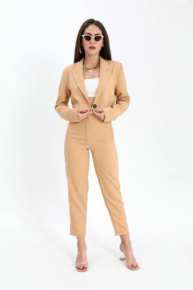 Çift Peto Cepli Kısa Crop Blazer Ceket - Camel