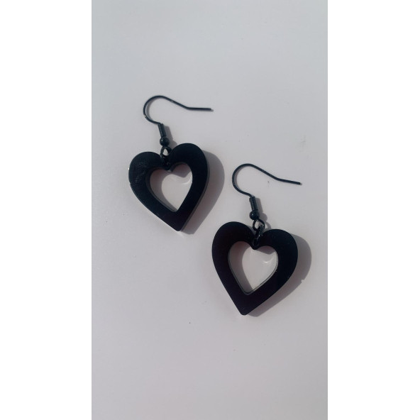 Parlak Siyah Renkli Siyah Aksesuarlı Kalp Kupa İçi Boş Model 3 Cm Epoksi Küpe El Yapımı Hediyelik - Resim 8